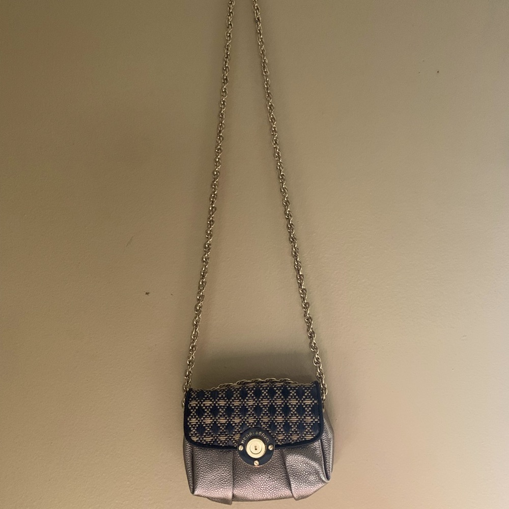 Henry bendel mini milliner bag silver and plaid with purple anterior